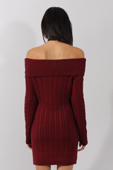 Wine Bardot Cable Knit Jumper Dress - Peeta-Jumper