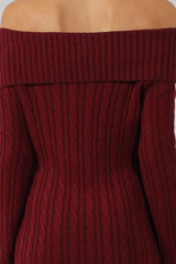 Wine Bardot Cable Knit Jumper Dress - Peeta-Jumper