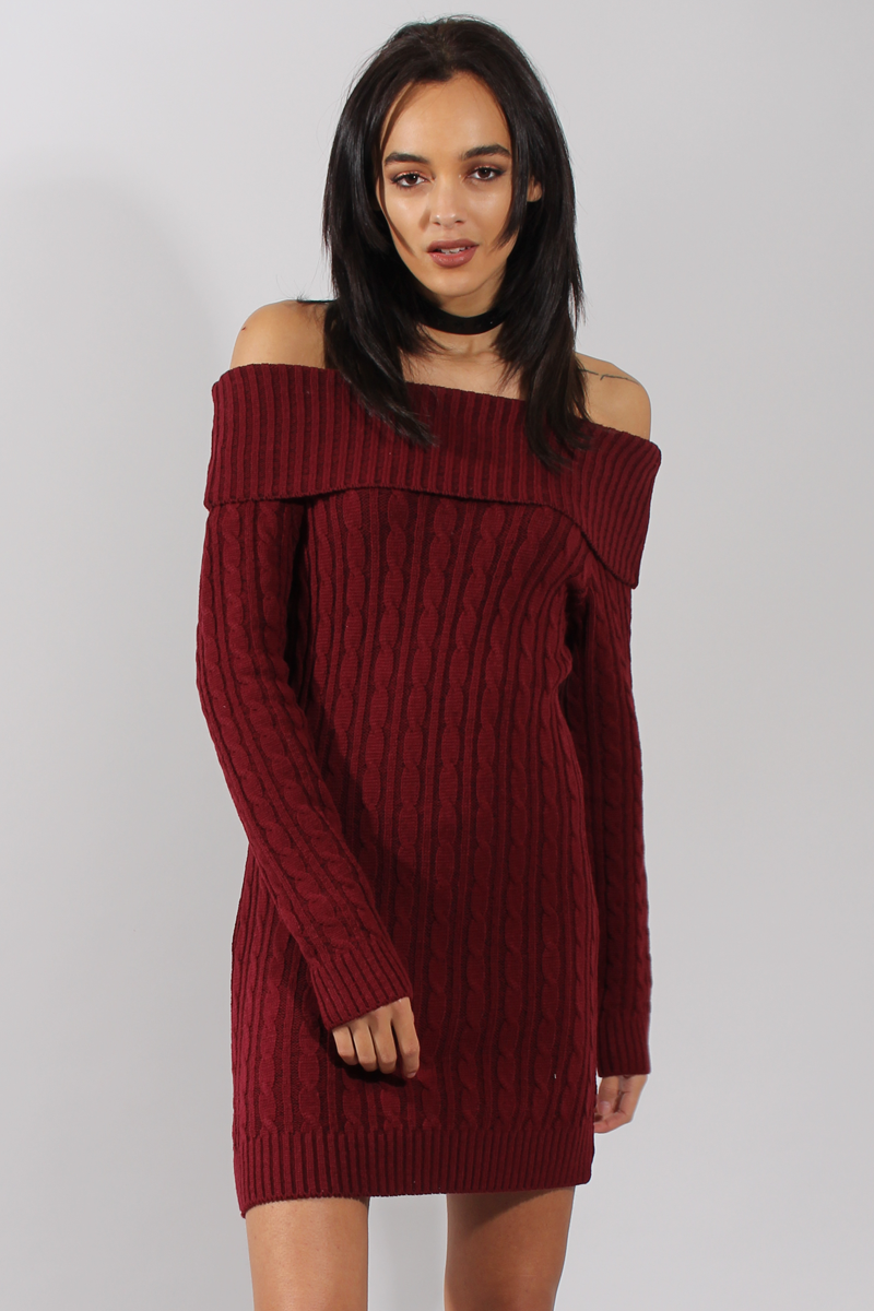 Wine Bardot Cable Knit Jumper Dress - Peeta-Jumper