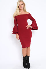 Wine Bardot Flared Sleeve Dress - Ebony-Dresses