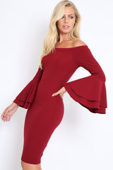 Wine Bardot Flared Sleeve Dress - Ebony-Dresses