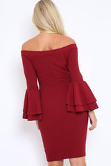 Wine Bardot Flared Sleeve Dress - Ebony-Dresses
