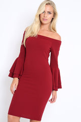 Wine Bardot Flared Sleeve Dress - Ebony-Dresses