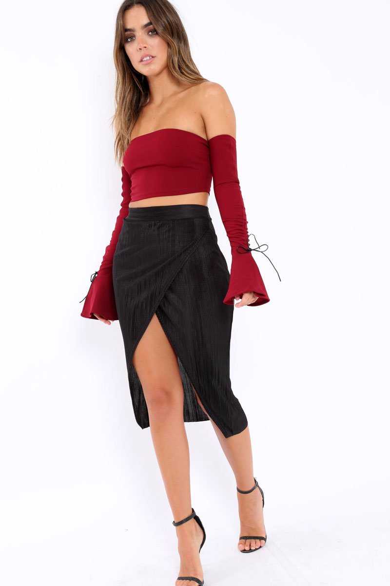 Wine Bardot Frill Bell Sleeve Crop Top - Cobie-Crop Tops