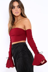 Wine Bardot Frill Bell Sleeve Crop Top - Cobie-Crop Tops
