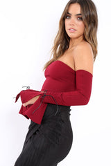 Wine Bardot Frill Bell Sleeve Crop Top - Cobie-Crop Tops