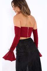 Wine Bardot Frill Bell Sleeve Crop Top - Cobie-Crop Tops