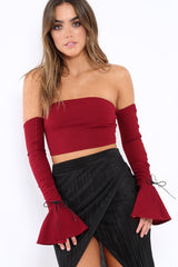 Wine Bardot Frill Bell Sleeve Crop Top - Cobie-Crop Tops