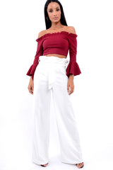 Wine Bardot Frill Crop Top with Flared Sleeves - Tiffy-Tops