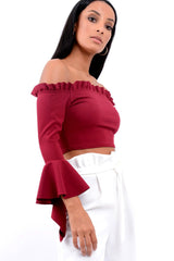 Wine Bardot Frill Crop Top with Flared Sleeves - Tiffy-Tops