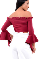 Wine Bardot Frill Crop Top with Flared Sleeves - Tiffy-Tops