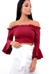 Wine Bardot Frill Crop Top with Flared Sleeves - Tiffy-Tops