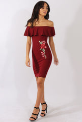 Wine Bardot Frill Embroidered Dress - Jasmine-Dresses