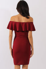 Wine Bardot Frill Embroidered Dress - Jasmine-Dresses