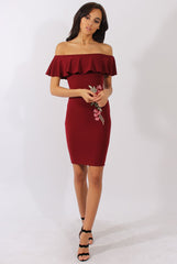 Wine Bardot Frill Embroidered Dress - Jasmine-Dresses