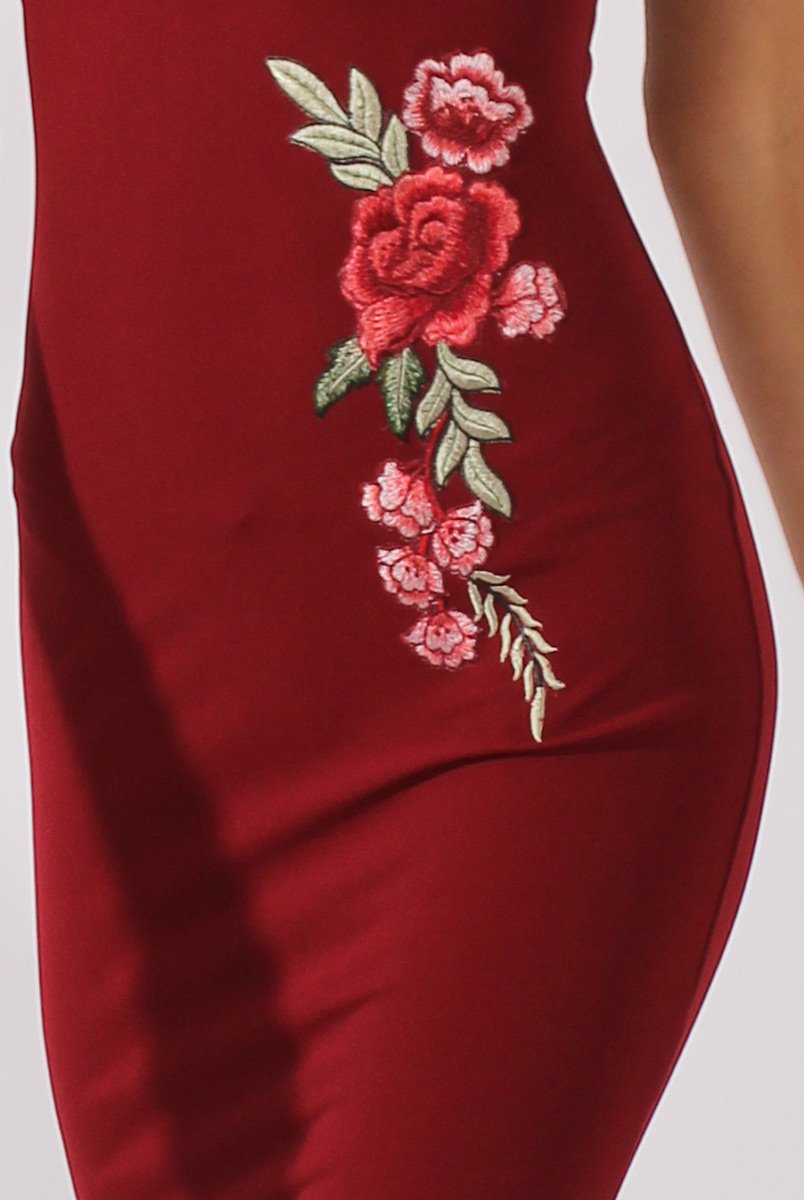 Wine Bardot Frill Embroidered Dress - Jasmine-Dresses