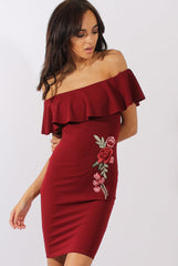 Wine Bardot Frill Embroidered Dress - Jasmine-Dresses