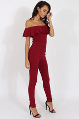 Wine Bardot Frill Layer Jumpsuit - Anastasia-Jumpsuits