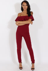 Wine Bardot Frill Layer Jumpsuit - Anastasia-Jumpsuits