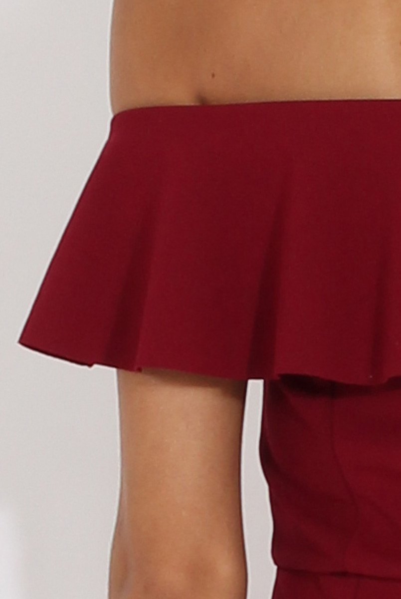 Wine Bardot Frill Layer Jumpsuit - Anastasia-Jumpsuits