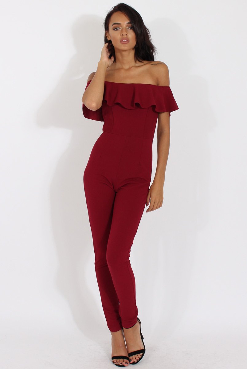 Wine Bardot Frill Layer Jumpsuit Anastasia - Main Image
