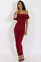 Wine Bardot Frill Layer Jumpsuit - Anastasia-Jumpsuits