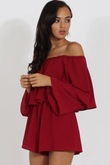 Wine Bardot Frill Layer Playsuit - Ema-Playsuits