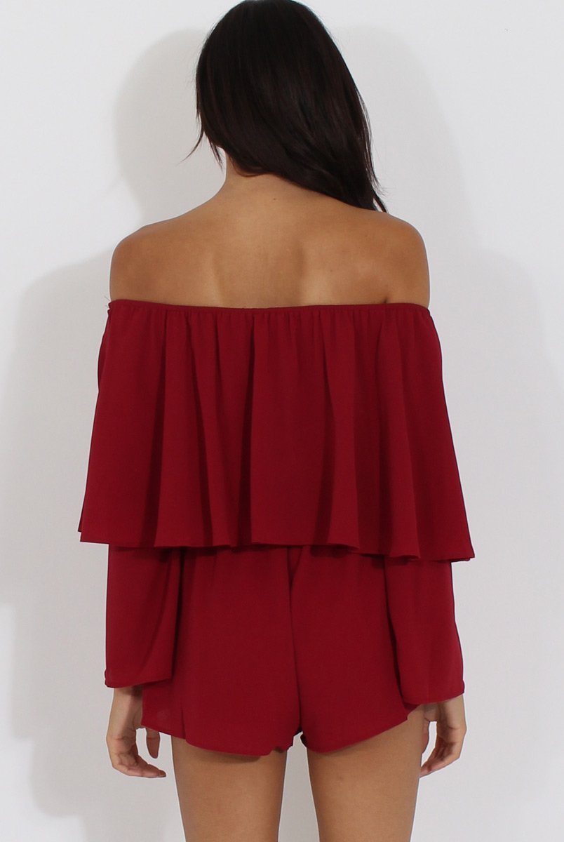 Wine Bardot Frill Layer Playsuit - Ema-Playsuits