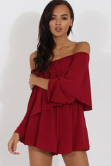 Wine Bardot Frill Layer Playsuit - Ema-Playsuits