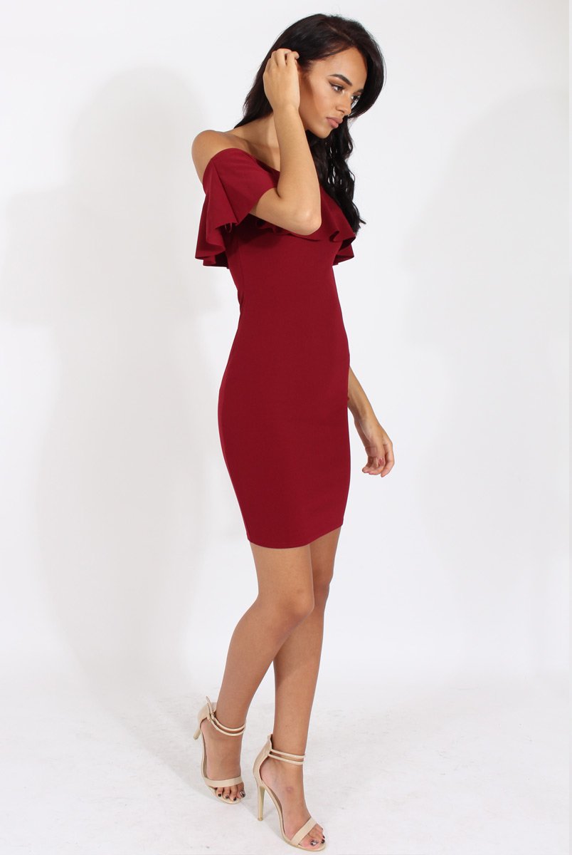 Wine Bardot Frill Midi Dress - Lily-Dresses