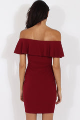 Wine Bardot Frill Midi Dress - Lily-Dresses
