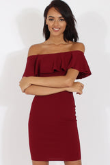 Wine Bardot Frill Midi Dress - Lily-Dresses