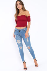 Wine Bardot Frill Shirred Crop Top - Kailah-Crop Tops