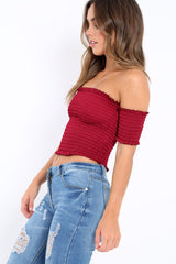 Wine Bardot Frill Shirred Crop Top - Kailah-Crop Tops