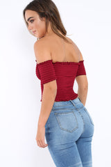 Wine Bardot Frill Shirred Crop Top - Kailah-Crop Tops