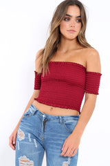 Wine Bardot Frill Shirred Crop Top - Kailah-Crop Tops
