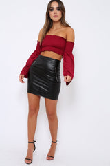 Wine Bardot Shirred Crop Top with Flared Sleeves - Shera-Crop Tops