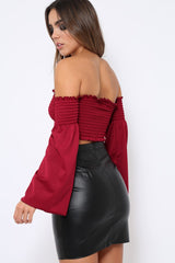 Wine Bardot Shirred Crop Top with Flared Sleeves - Shera-Crop Tops