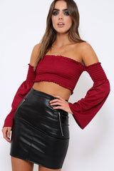 Wine Bardot Shirred Crop Top with Flared Sleeves - Shera-Crop Tops