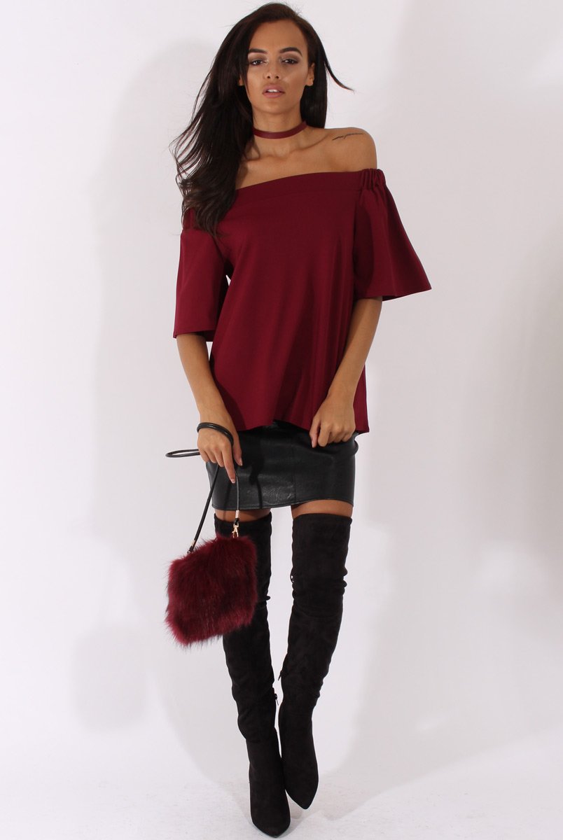 Wine Bardot Split Back Top - Aurora-Tops