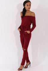 Wine Bardot Split Knee Jumpsuit - Coran-Jumpsuits