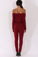 Wine Bardot Split Knee Jumpsuit - Coran-Jumpsuits