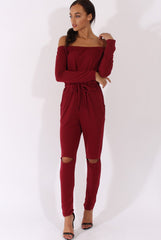 Wine Bardot Split Knee Jumpsuit - Coran-Jumpsuits