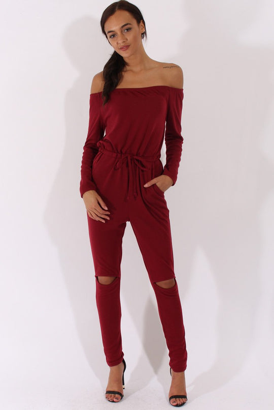 Wine Bardot Split Knee Jumpsuit - Coran