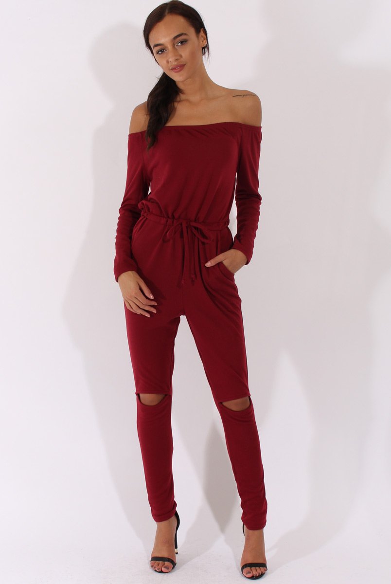 Wine Bardot Split Knee Jumpsuit - Coran-Jumpsuits