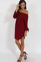 Wine Bardot Tie Cuffs Dress - Whitney-Dresses