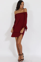 Wine Bardot Tie Cuffs Dress - Whitney-Dresses