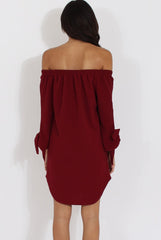 Wine Bardot Tie Cuffs Dress - Whitney-Dresses