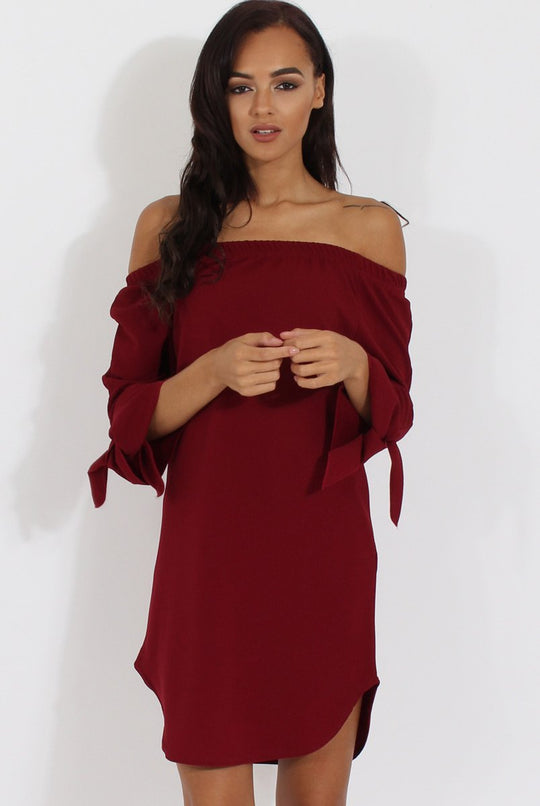 Wine Bardot Tie Cuffs Dress - Whitney