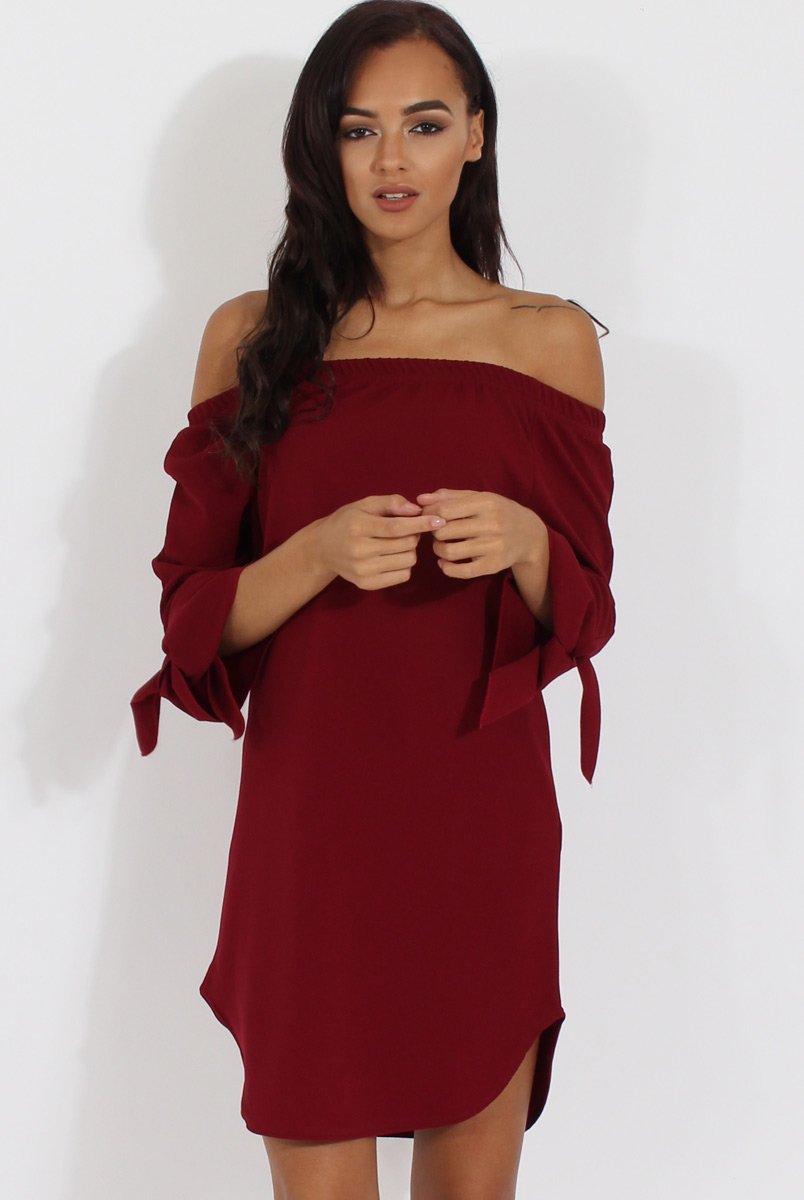 Wine Bardot Tie Cuffs Dress - Whitney-Dresses